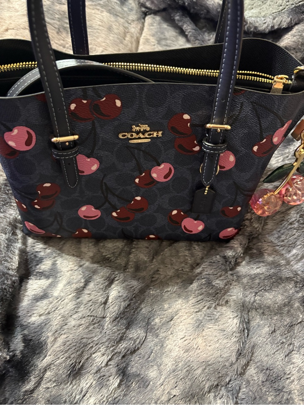 Coach Navy Tote with Pink & Burgundy Cherry Print